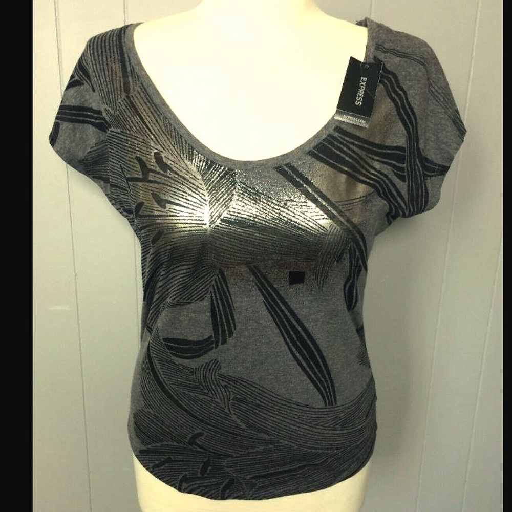 XS Gray Metallic Silver Graphic T-Shirt Top
